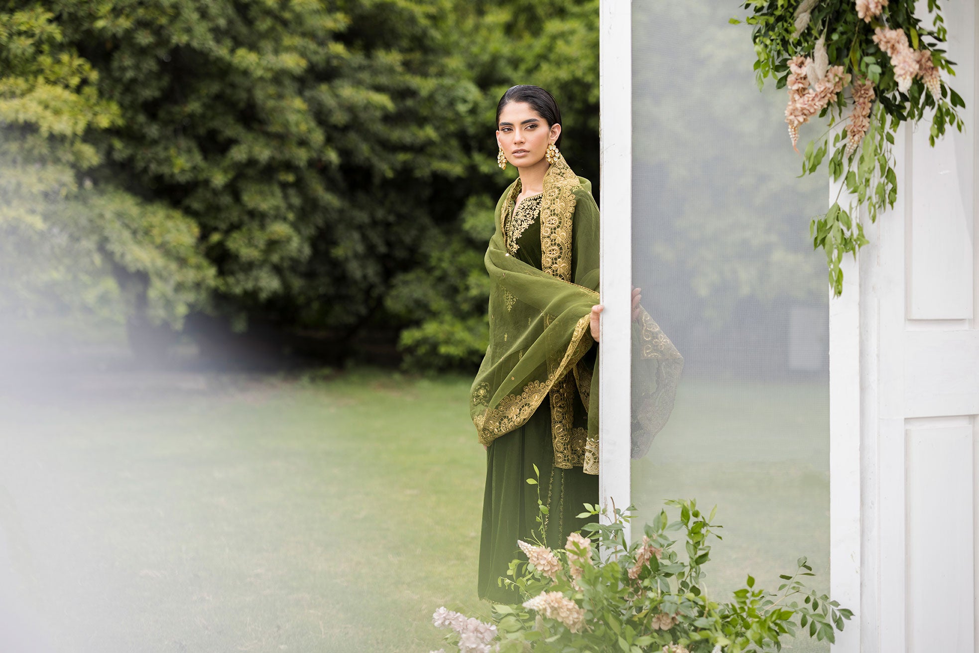 FW25DA-2831   OLIVE GREEN  2PCS  EMBROIDERED KURTA WITH TROUSER