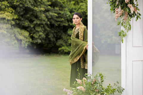 FW25DA-2831   OLIVE GREEN  2PCS  EMBROIDERED KURTA WITH TROUSER