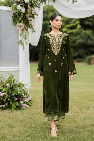 FW25DA-2831   OLIVE GREEN  2PCS  EMBROIDERED KURTA WITH TROUSER