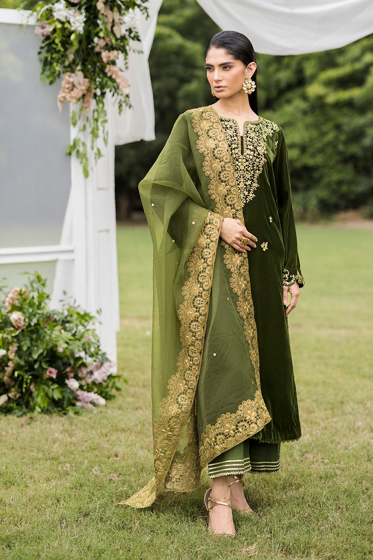 FW25DA-2831   OLIVE GREEN  2PCS  EMBROIDERED KURTA WITH TROUSER