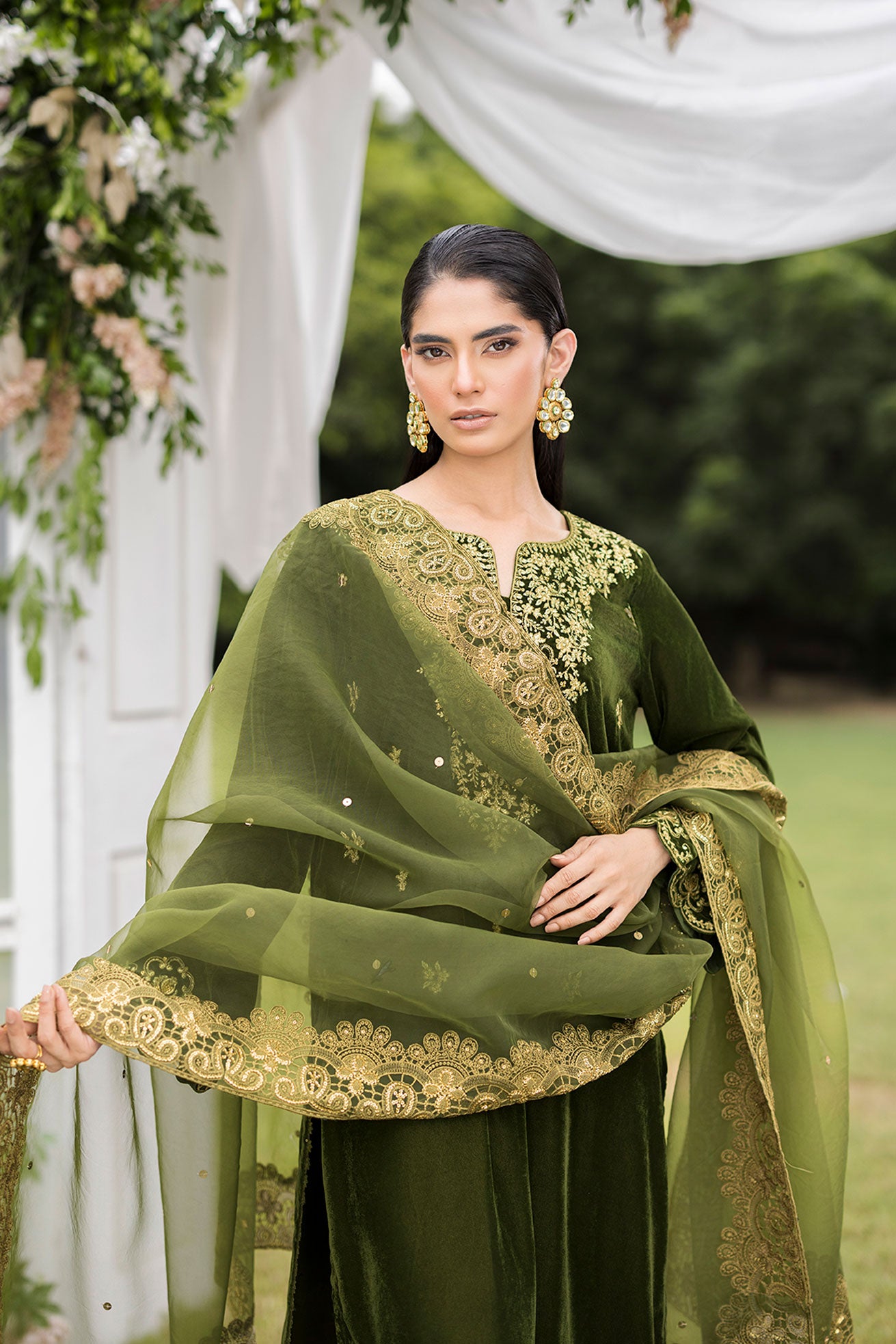 FW25DA-2831   OLIVE GREEN  2PCS  EMBROIDERED KURTA WITH TROUSER