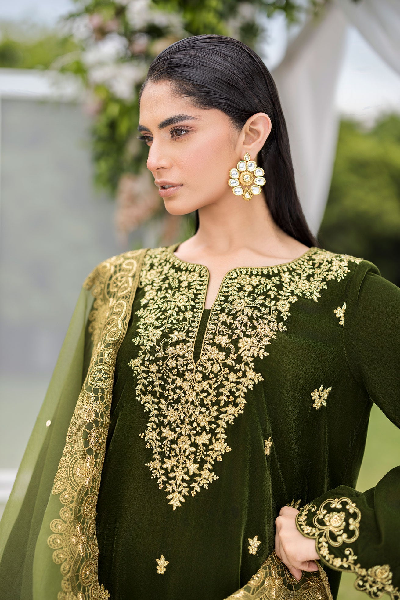 FW25DA-2831   OLIVE GREEN  2PCS  EMBROIDERED KURTA WITH TROUSER