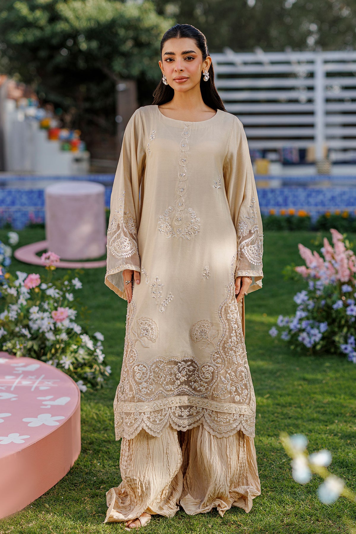SS26DA-2901 BEIGE 2PCS  EMBROIDERED KURTA WITH TROUSER
