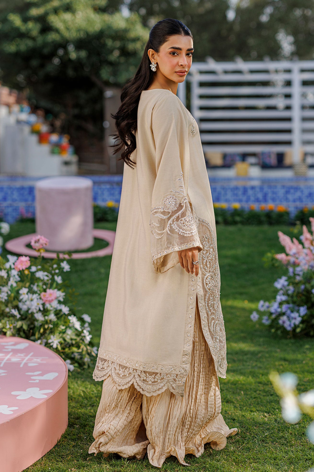 SS26DA-2901 BEIGE 2PCS  EMBROIDERED KURTA WITH TROUSER