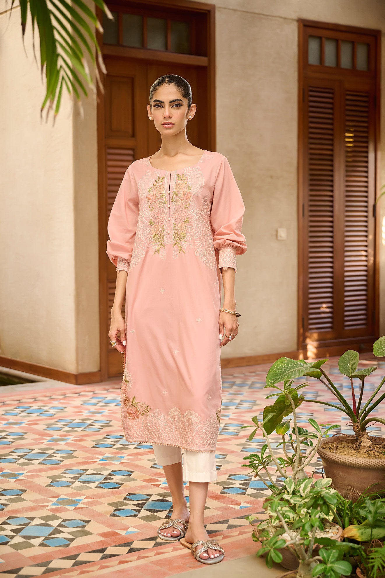 DC-2158 PEACH 2PCS  EMBROIDERED KURTA WITH TROUSER