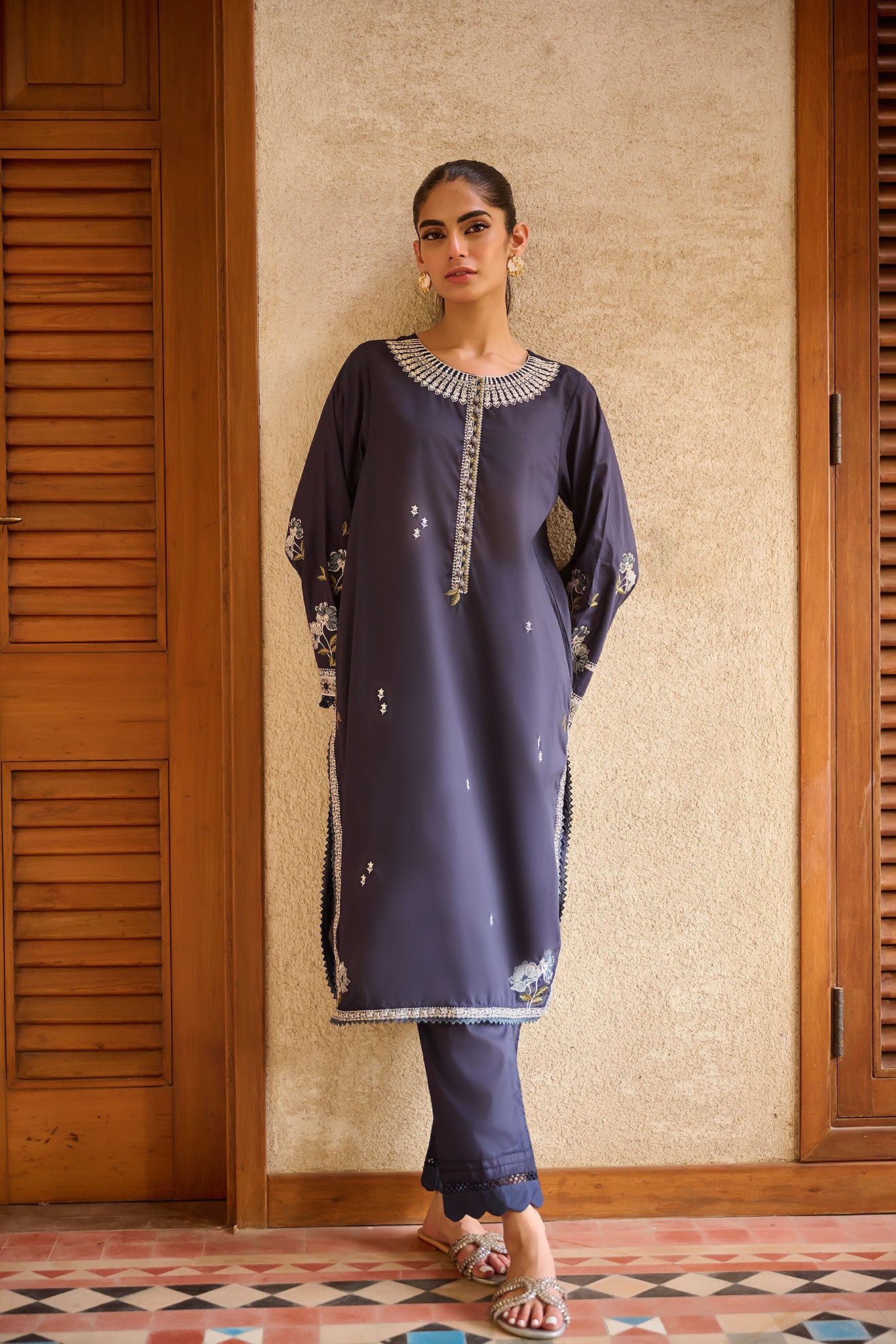 DC-2163 NAVY BLUE 2PCS  EMBROIDERED KURTA WITH TROUSER