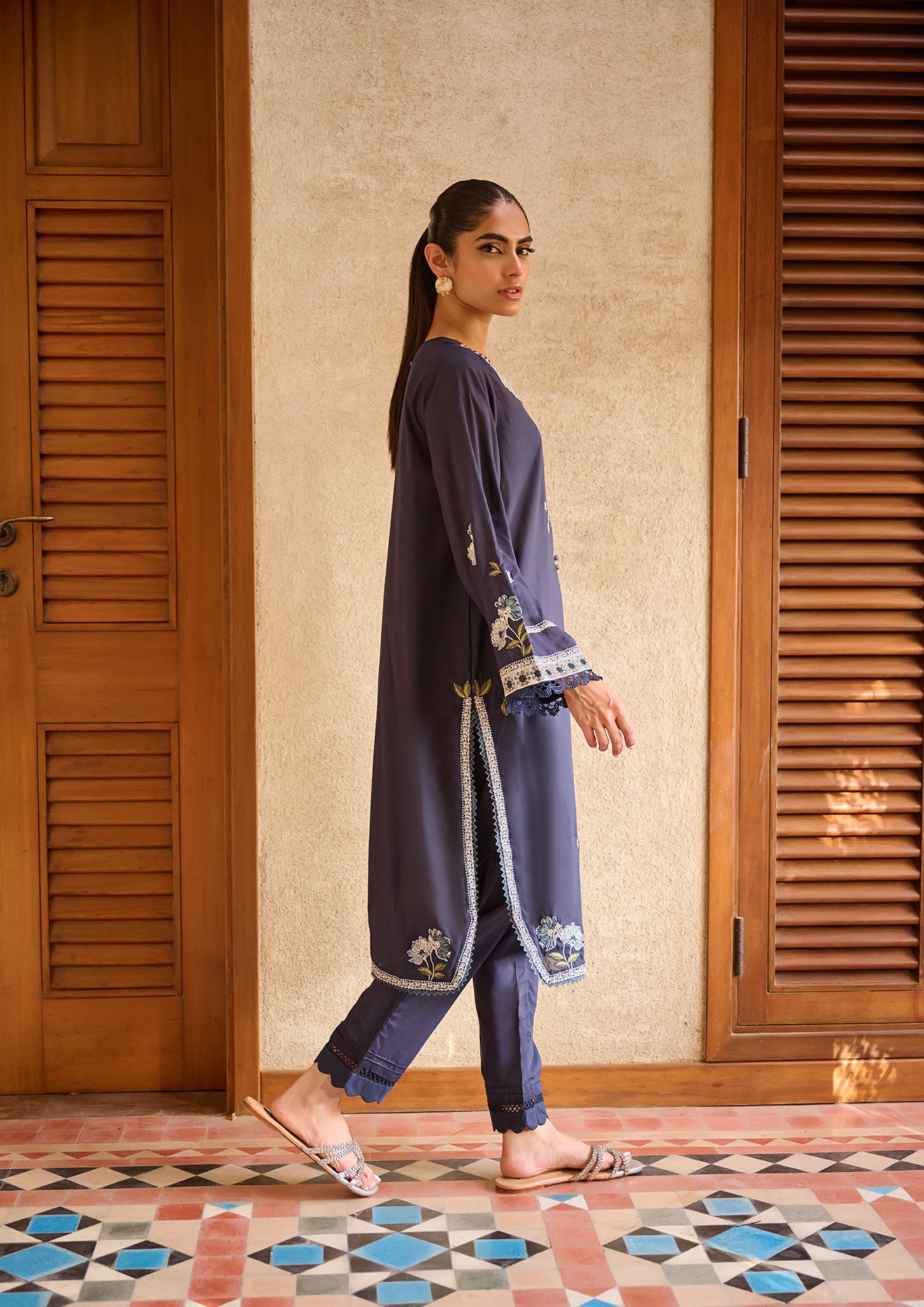 DC-2163 NAVY BLUE 2PCS  EMBROIDERED KURTA WITH TROUSER