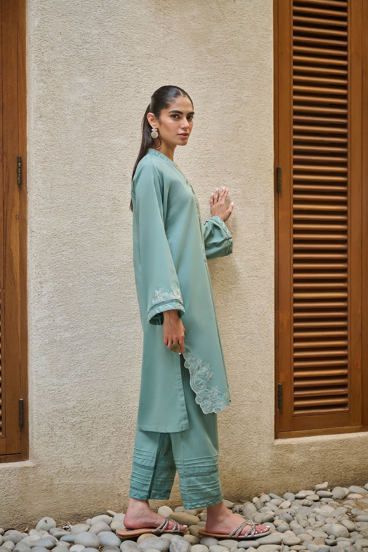 DC-2174 L-GREEN 2PCS  EMBROIDERED KURTA WITH TROUSER