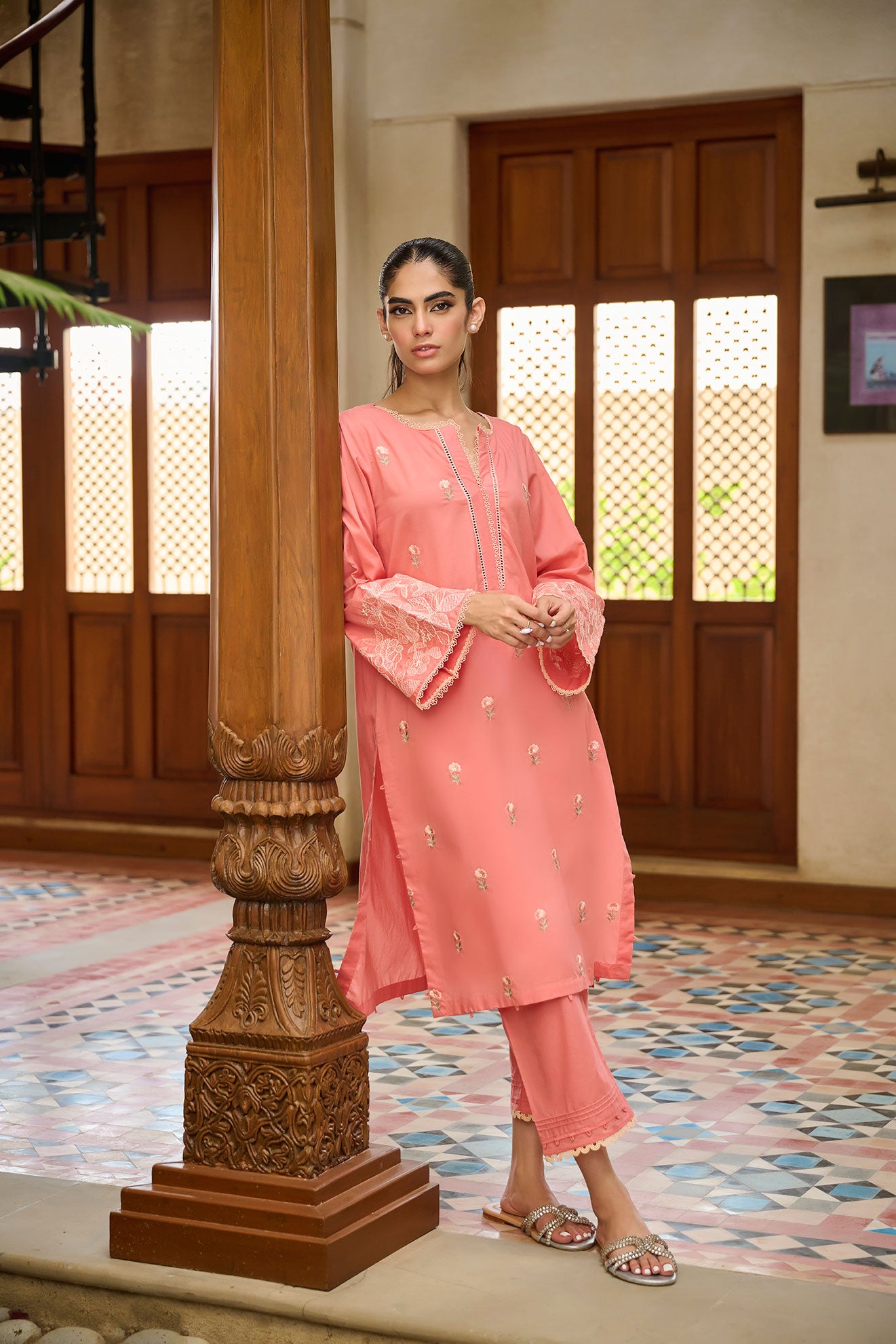 DC-2193 PEACH 2PCS  EMBROIDERED KURTA WITH TROUSER