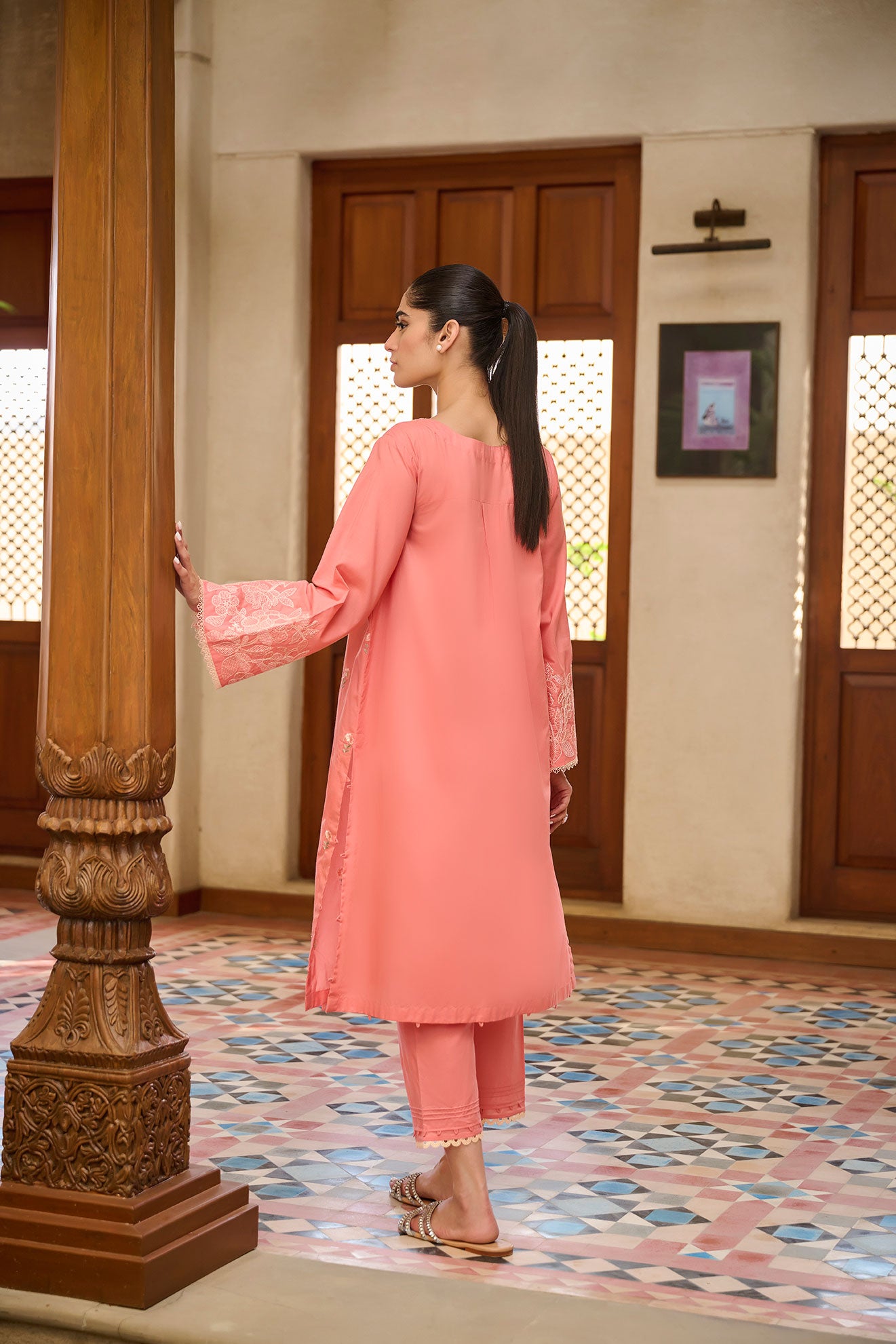 DC-2193 PEACH 2PCS  EMBROIDERED KURTA WITH TROUSER