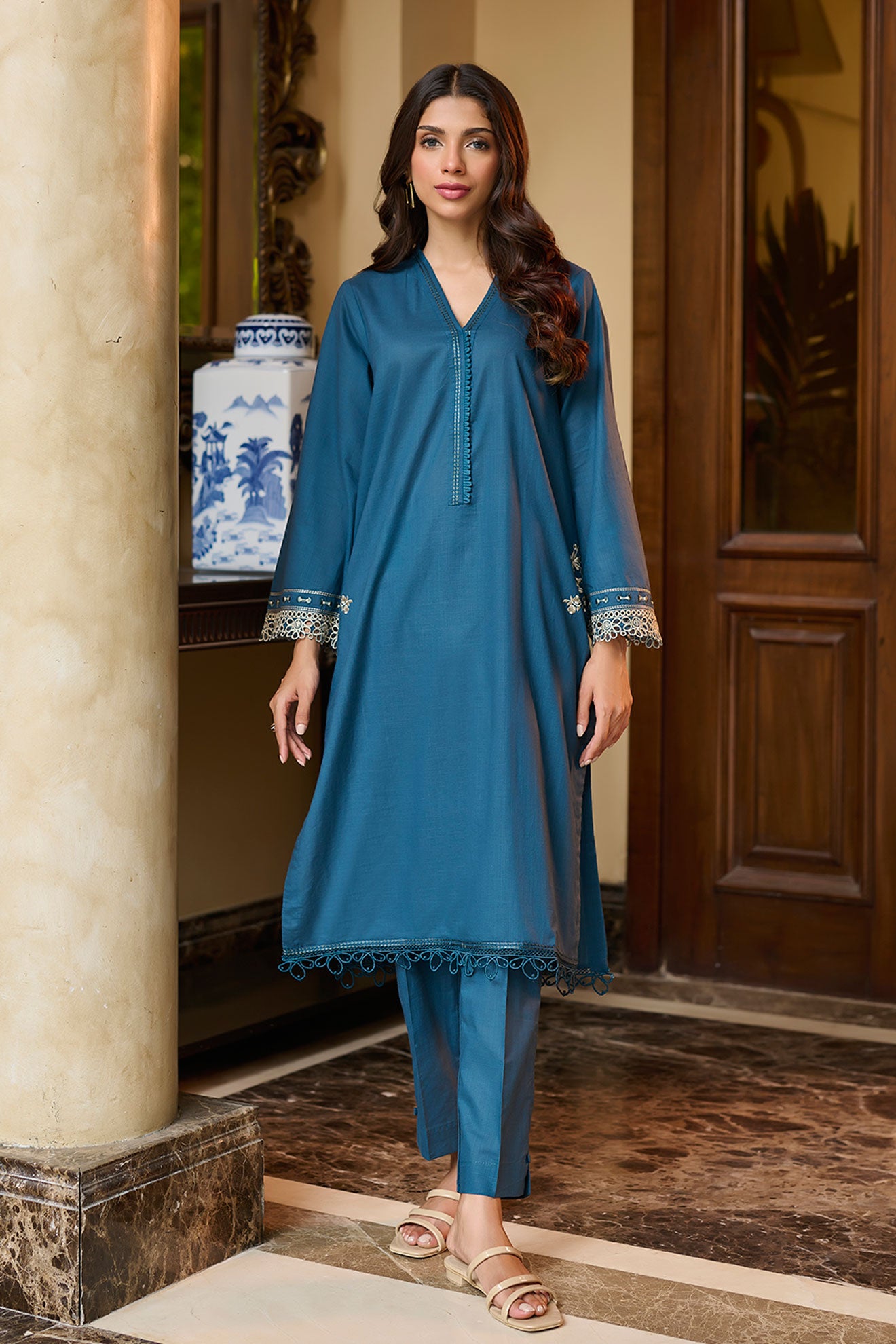 DC-2215 TURQUOISE BLUE 2PCS  EMBROIDERED KURTA WITH TROUSER