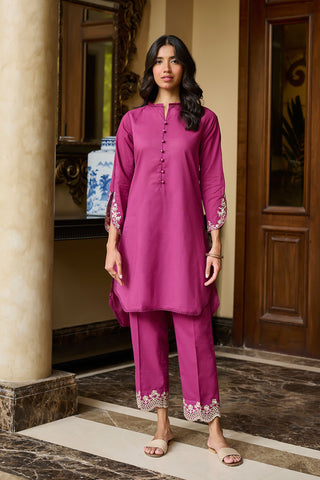 DC-2220 PURPLE 2PCS  EMBROIDERED KURTA WITH TROUSER