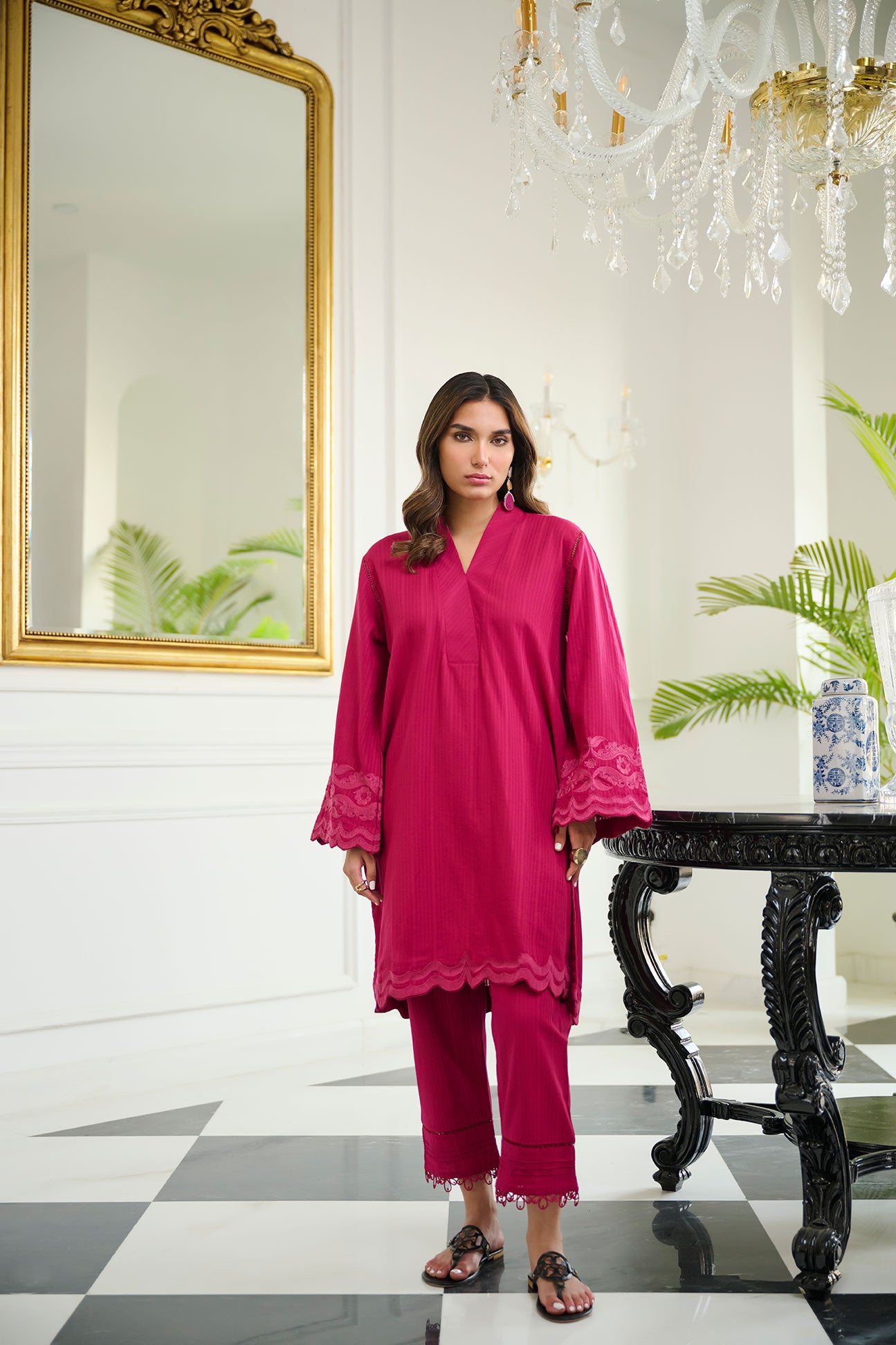 DC-2249 PINK 2PCS  EMBROIDERED KURTA WITH TROUSER