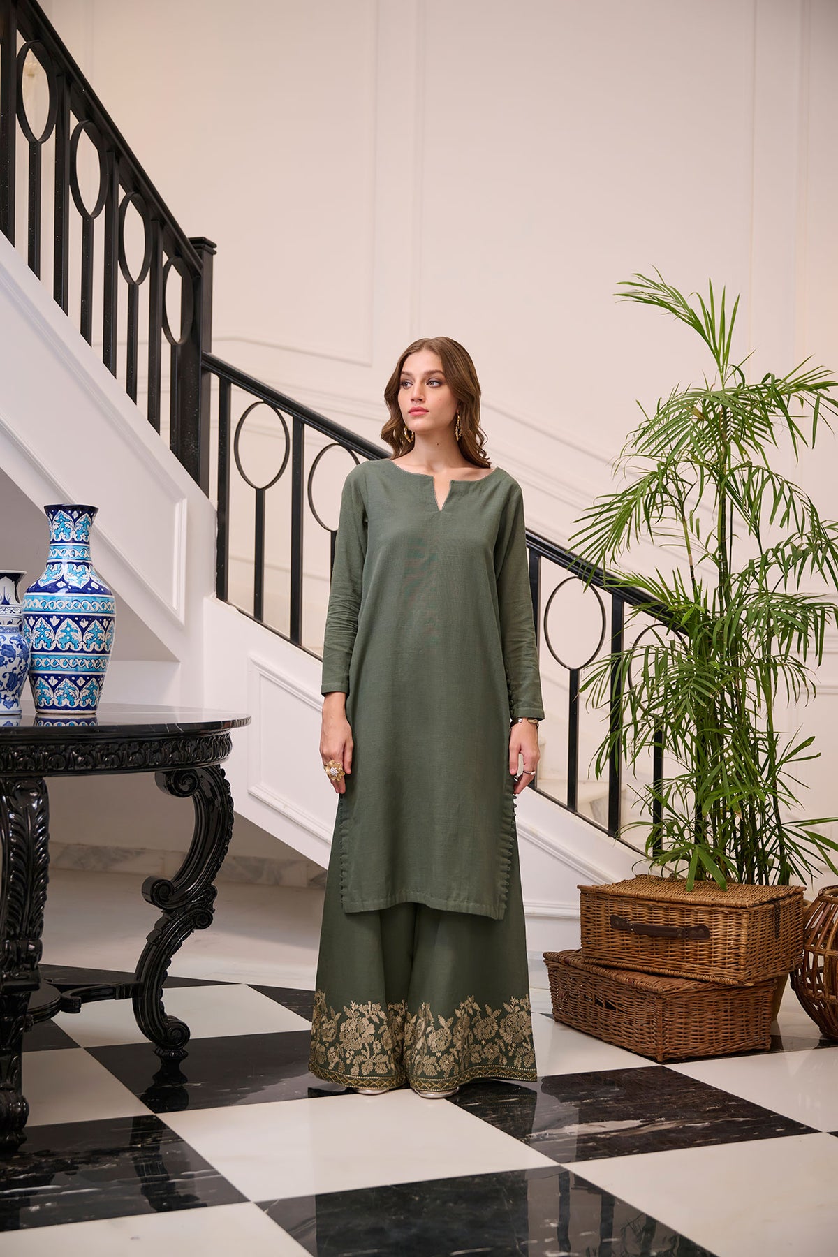 DC-2257 DARK GREEN 2PCS  EMBROIDERED KURTA WITH TROUSER