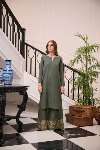 DC-2257 DARK GREEN 2PCS  EMBROIDERED KURTA WITH TROUSER