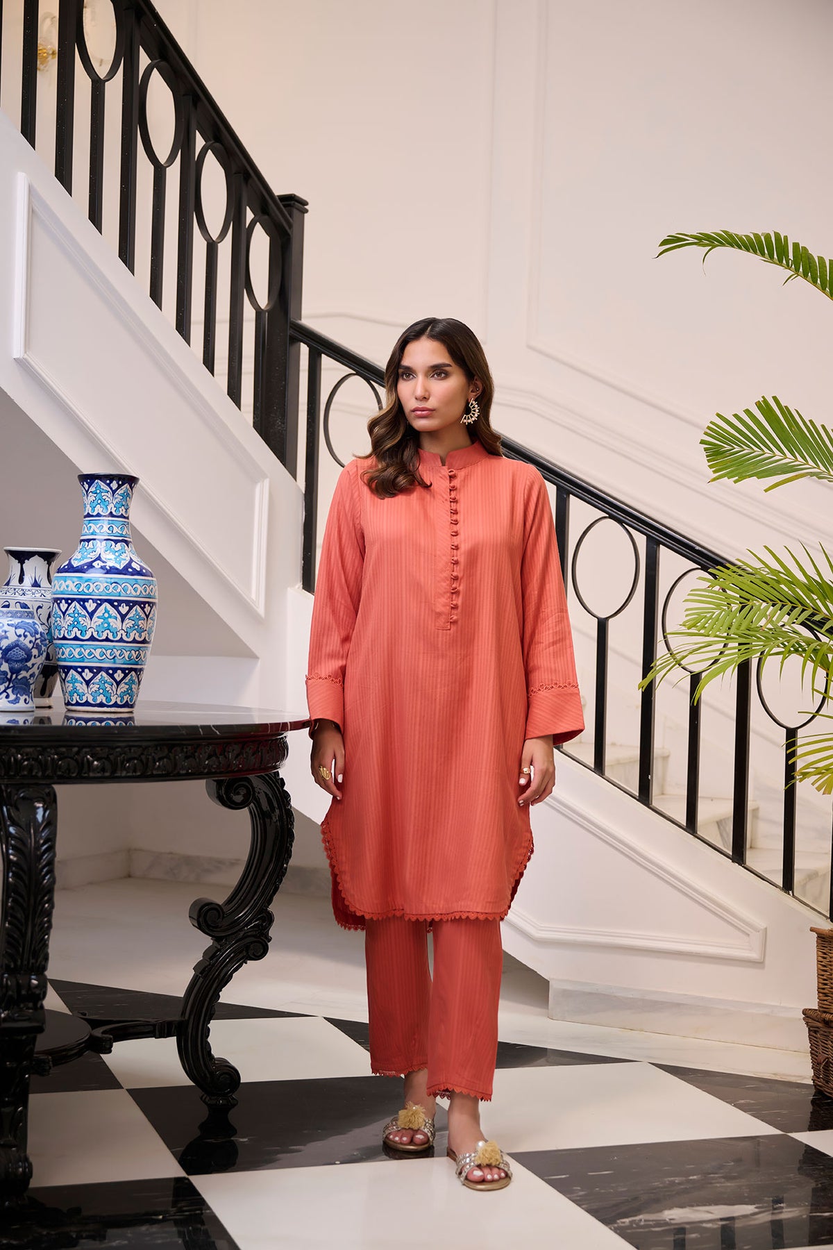 DC-2258 RUST 2PCS  EMBROIDERED KURTA WITH TROUSER