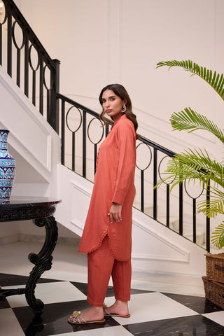 DC-2258 RUST 2PCS  EMBROIDERED KURTA WITH TROUSER