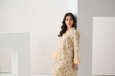 DC-2297 LEMON 2PCS  PRINTED KURTA WITH TROUSER