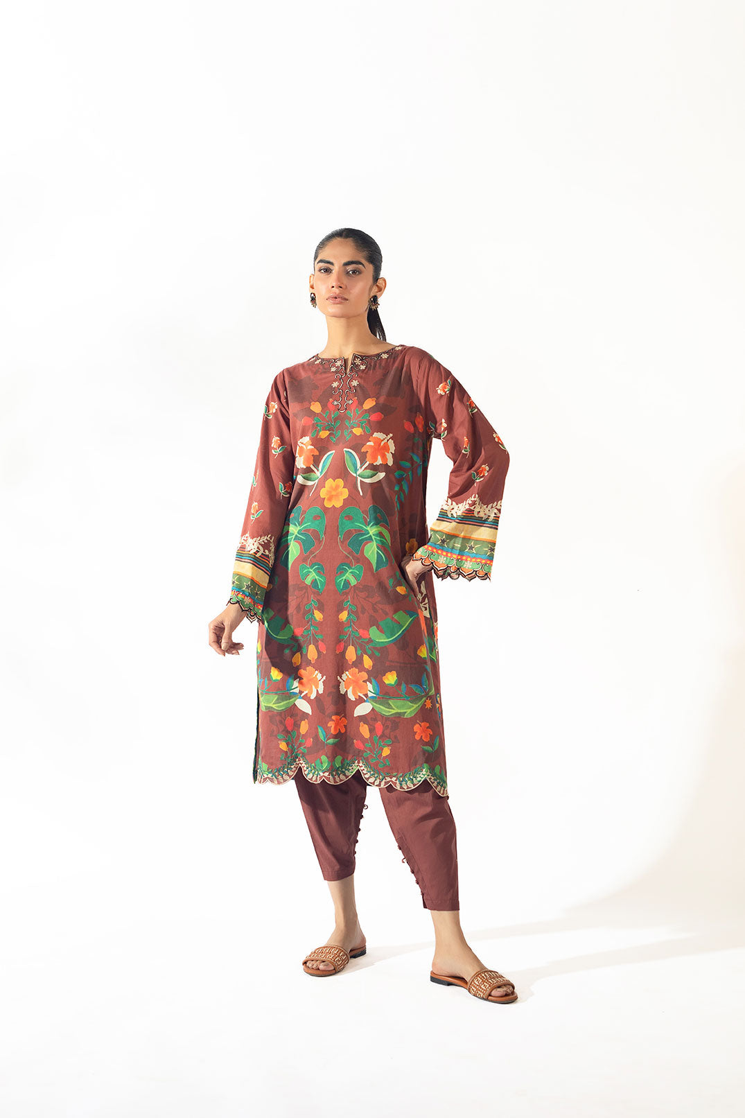 SS24DC-2351 BROWN EMBROIDERED KURTA