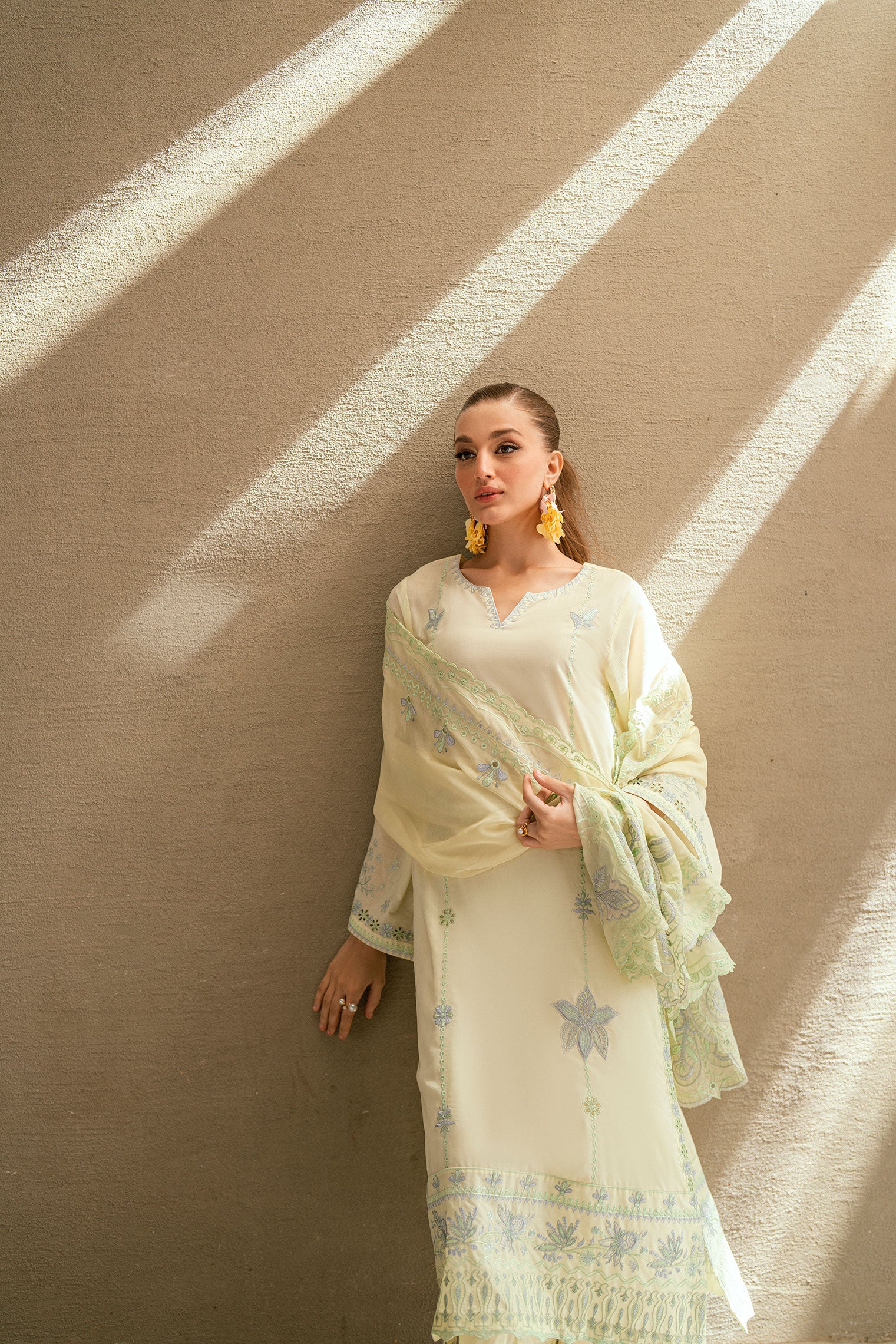 SS25DD-2541 LEMON YELLOW  EMBROIDERED DUPATTA