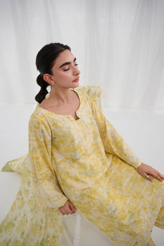 SS25DC-2555 YELLOW COTTON JACQUARD 2PCS EMBROIDERED KURTA WITH TROUSER