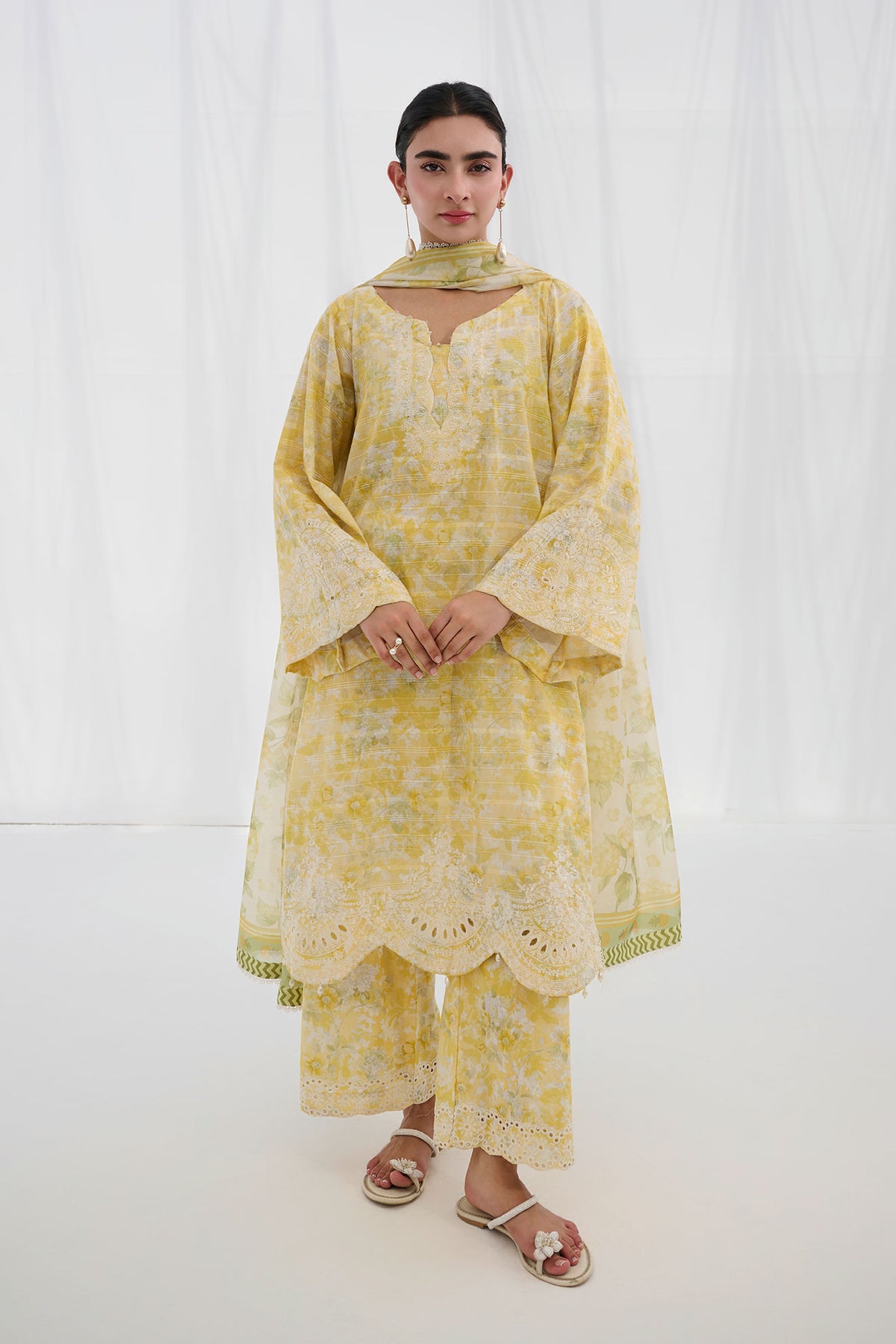SS25DC-2555 YELLOW COTTON JACQUARD 2PCS EMBROIDERED KURTA WITH TROUSER