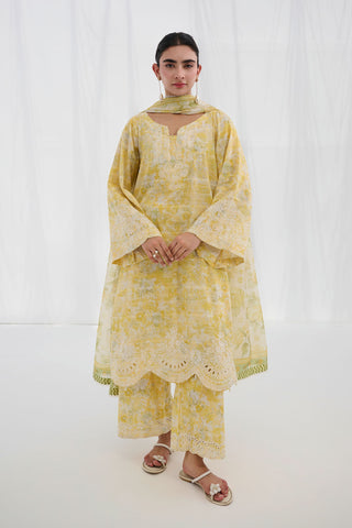 SS25DC-2555 YELLOW COTTON JACQUARD 2PCS EMBROIDERED KURTA WITH TROUSER