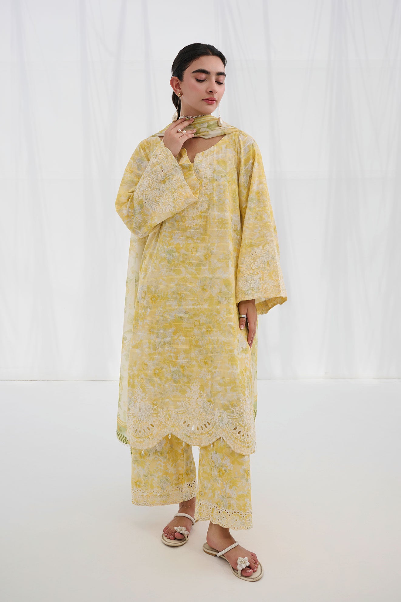 SS25DC-2555 YELLOW COTTON JACQUARD 2PCS EMBROIDERED KURTA WITH TROUSER