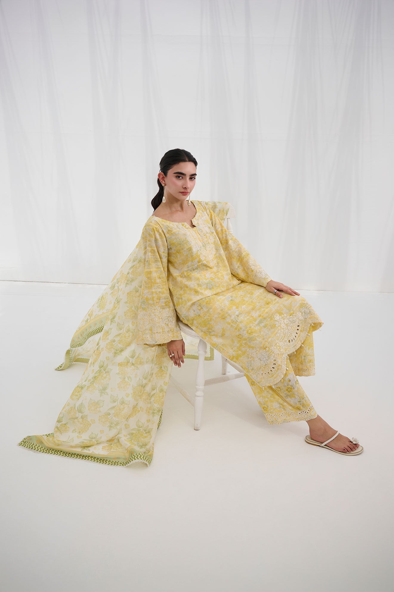 SS25DC-2555 YELLOW COTTON JACQUARD 2PCS EMBROIDERED KURTA WITH TROUSER