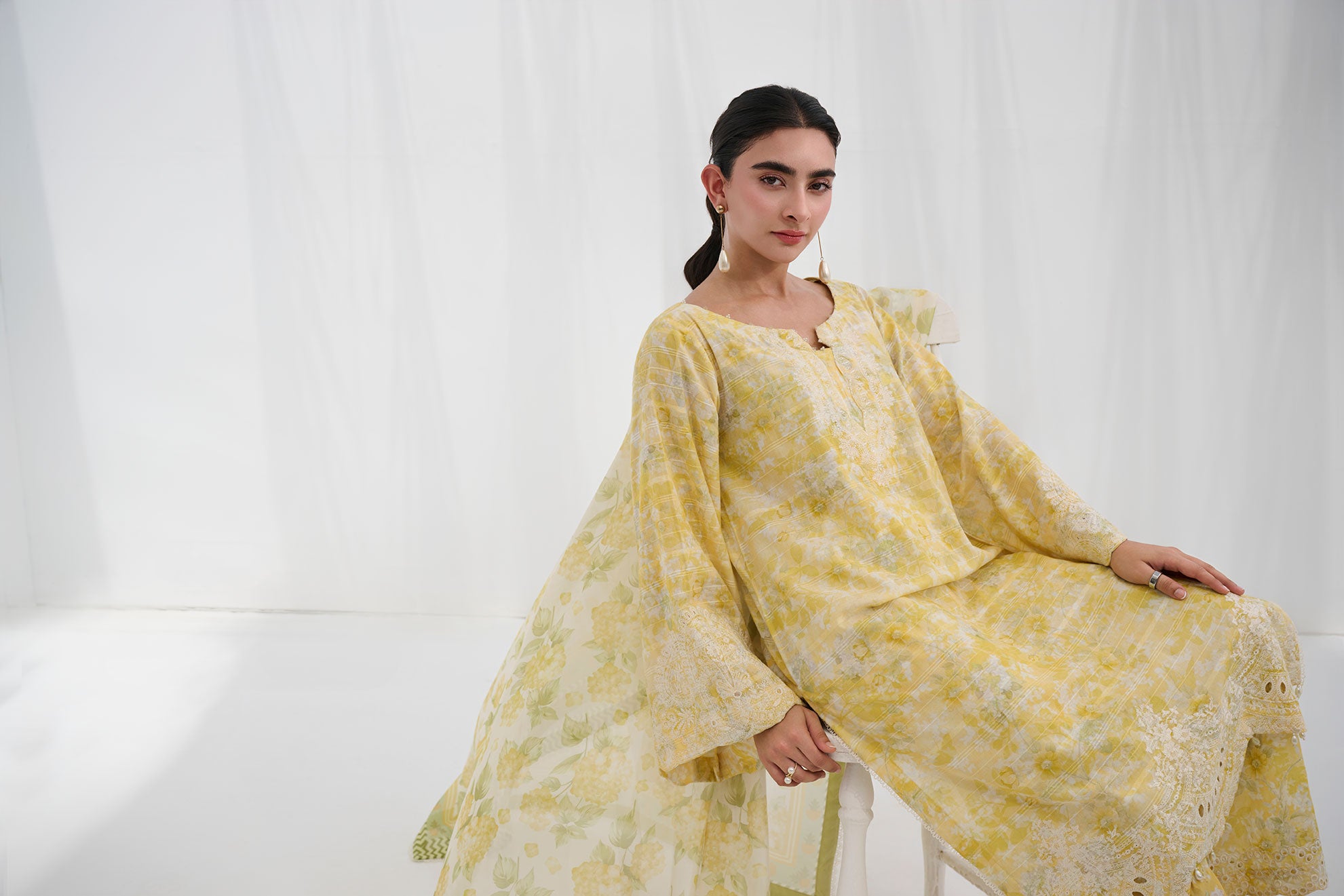 SS25DC-2555 YELLOW COTTON JACQUARD 2PCS EMBROIDERED KURTA WITH TROUSER