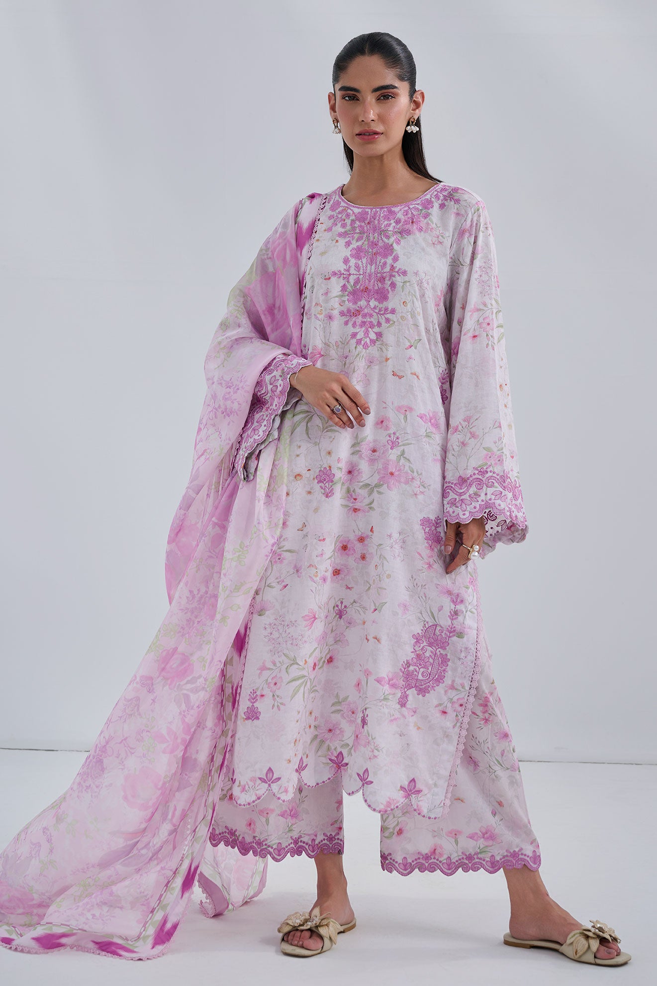 SS25DC-2557 PINK COTTON JACQUARD 2PCS EMBROIDERED KURTA WITH TROUSER