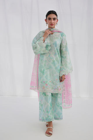 SS25DC-2558 GREEN COTTON JACQUARD 2PCS EMBROIDERED KURTA WITH TROUSER