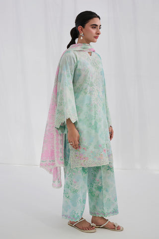 SS25DC-2558 GREEN COTTON JACQUARD 2PCS EMBROIDERED KURTA WITH TROUSER