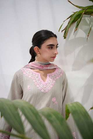 SS25DC-2563 GREY COTTON JACQUARD 2PCS EMBROIDERED KURTA WITH TROUSER