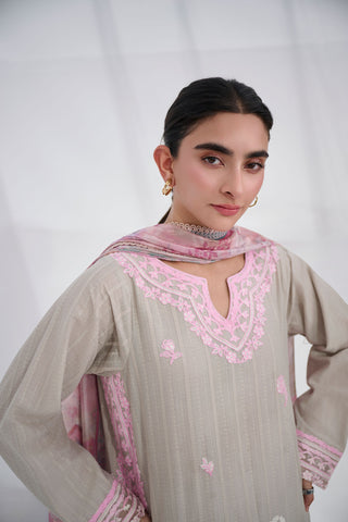 SS25DC-2563 GREY COTTON JACQUARD 2PCS EMBROIDERED KURTA WITH TROUSER