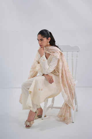 SS25DC-2565 OFFWHITE COTTON JACQUARD 2PCS EMBROIDERED KURTA WITH TROUSER