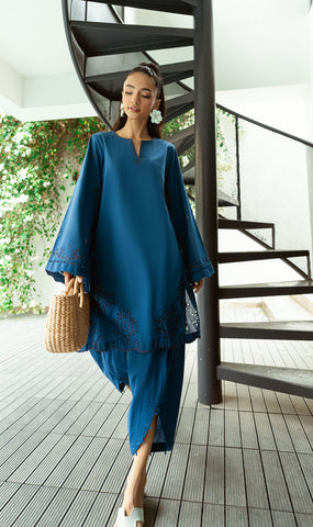 SS25DC-2566 NAVY BLUE 2PCS  EMBROIDERED KURTA WITH TROUSER
