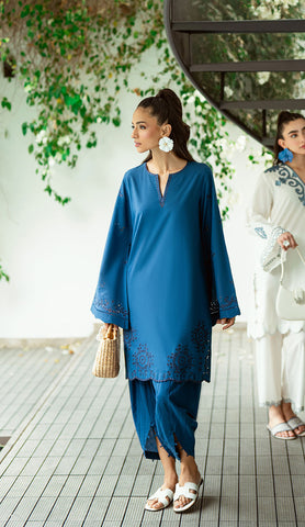 SS25DC-2566 NAVY BLUE 2PCS  EMBROIDERED KURTA WITH TROUSER