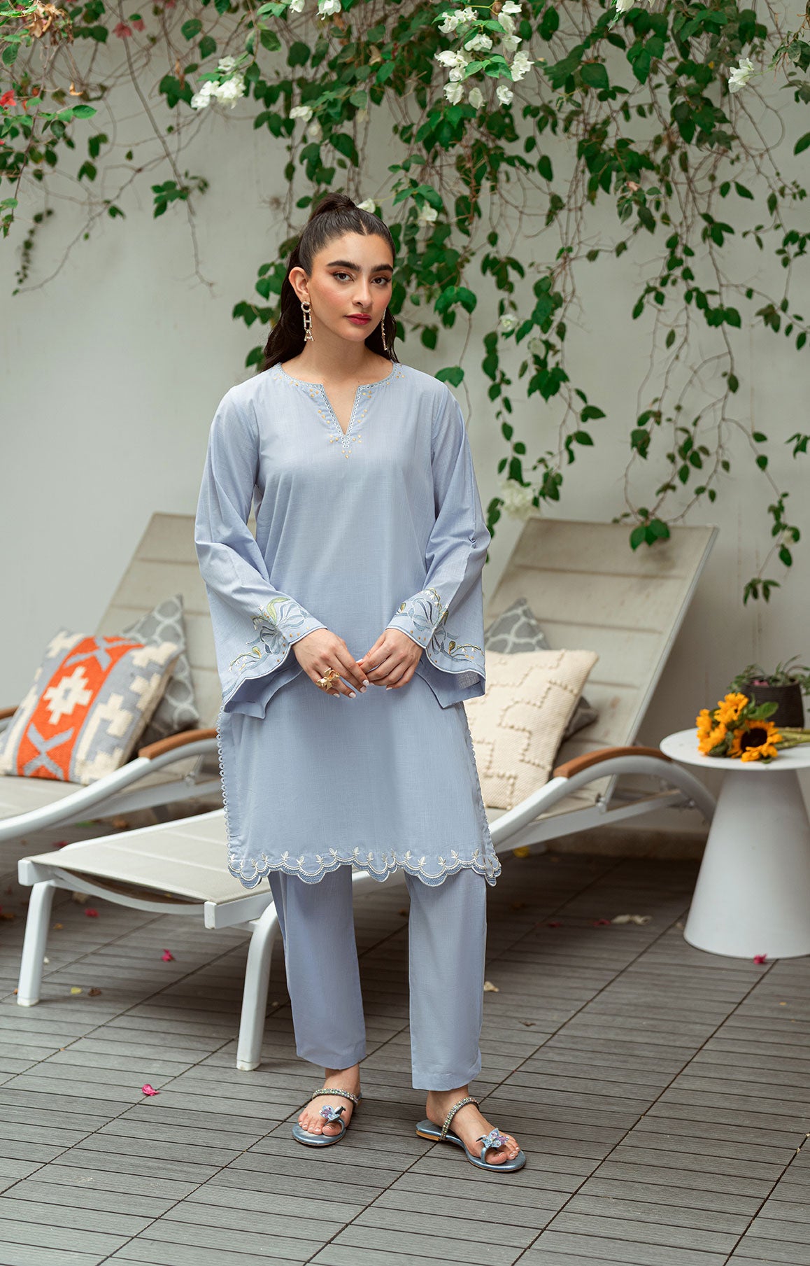 SS25DC-2567 SKY BLUE 2PCS  EMBROIDERED KURTA WITH TROUSER