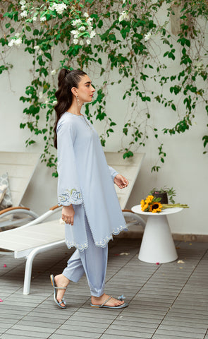 SS25DC-2567 SKY BLUE 2PCS  EMBROIDERED KURTA WITH TROUSER