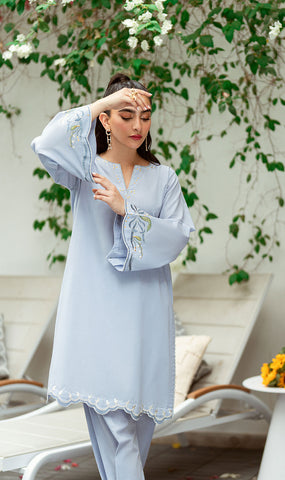 SS25DC-2567 SKY BLUE 2PCS  EMBROIDERED KURTA WITH TROUSER