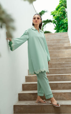 SS25DC-2569 MINT GREEN 2PCS  EMBROIDERED KURTA WITH TROUSER
