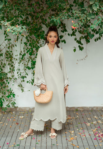 SS25DC-2570 GREY 2PCS  EMBROIDERED KURTA WITH TROUSER
