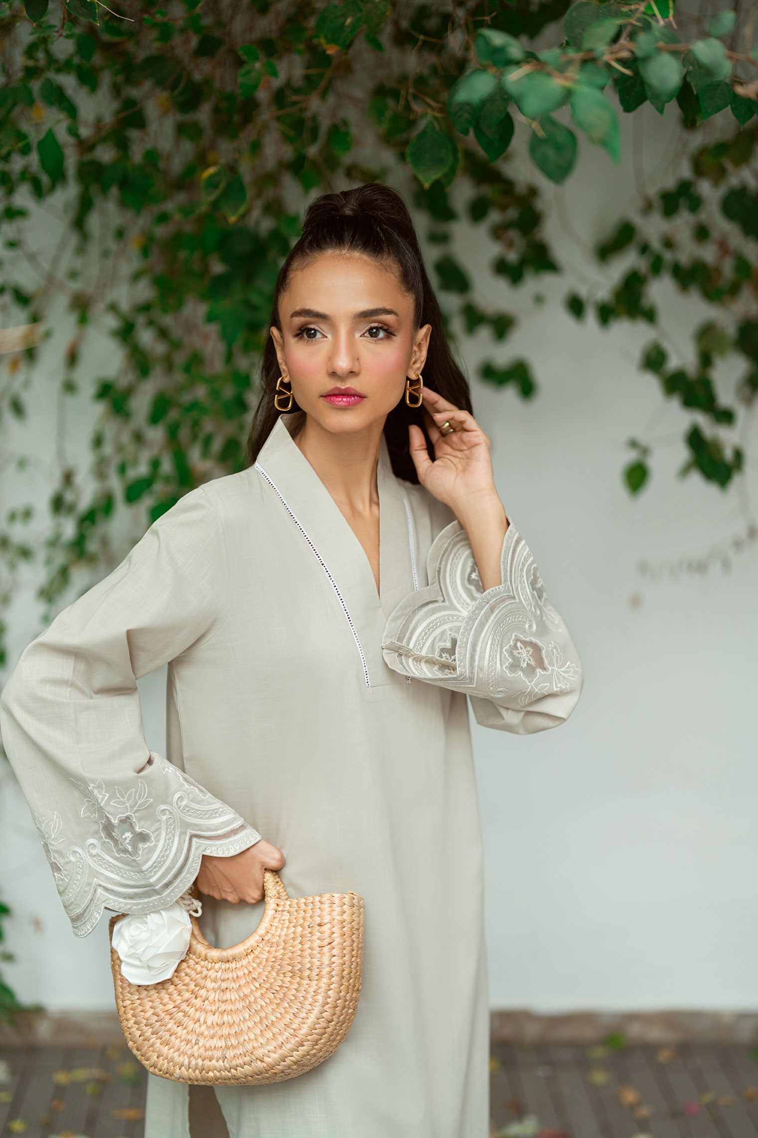 SS25DC-2570 GREY 2PCS  EMBROIDERED KURTA WITH TROUSER