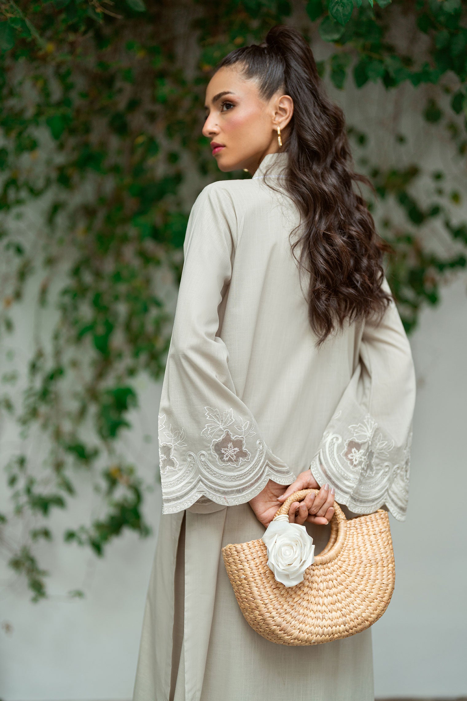 SS25DC-2570 GREY 2PCS  EMBROIDERED KURTA WITH TROUSER
