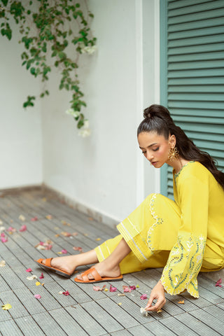 SS25DC-2571 MUSTARD 2PCS  EMBROIDERED KURTA WITH TROUSER