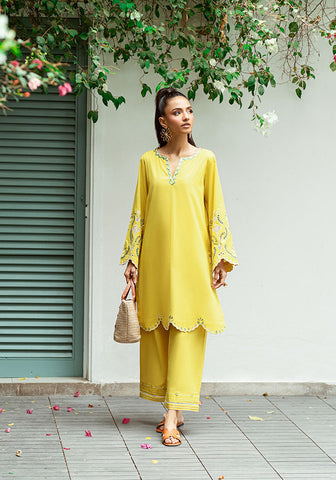 SS25DC-2571 MUSTARD 2PCS  EMBROIDERED KURTA WITH TROUSER