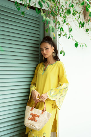 SS25DC-2571 MUSTARD 2PCS  EMBROIDERED KURTA WITH TROUSER