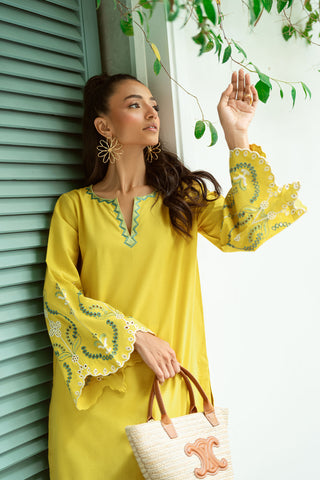 SS25DC-2571 MUSTARD 2PCS  EMBROIDERED KURTA WITH TROUSER