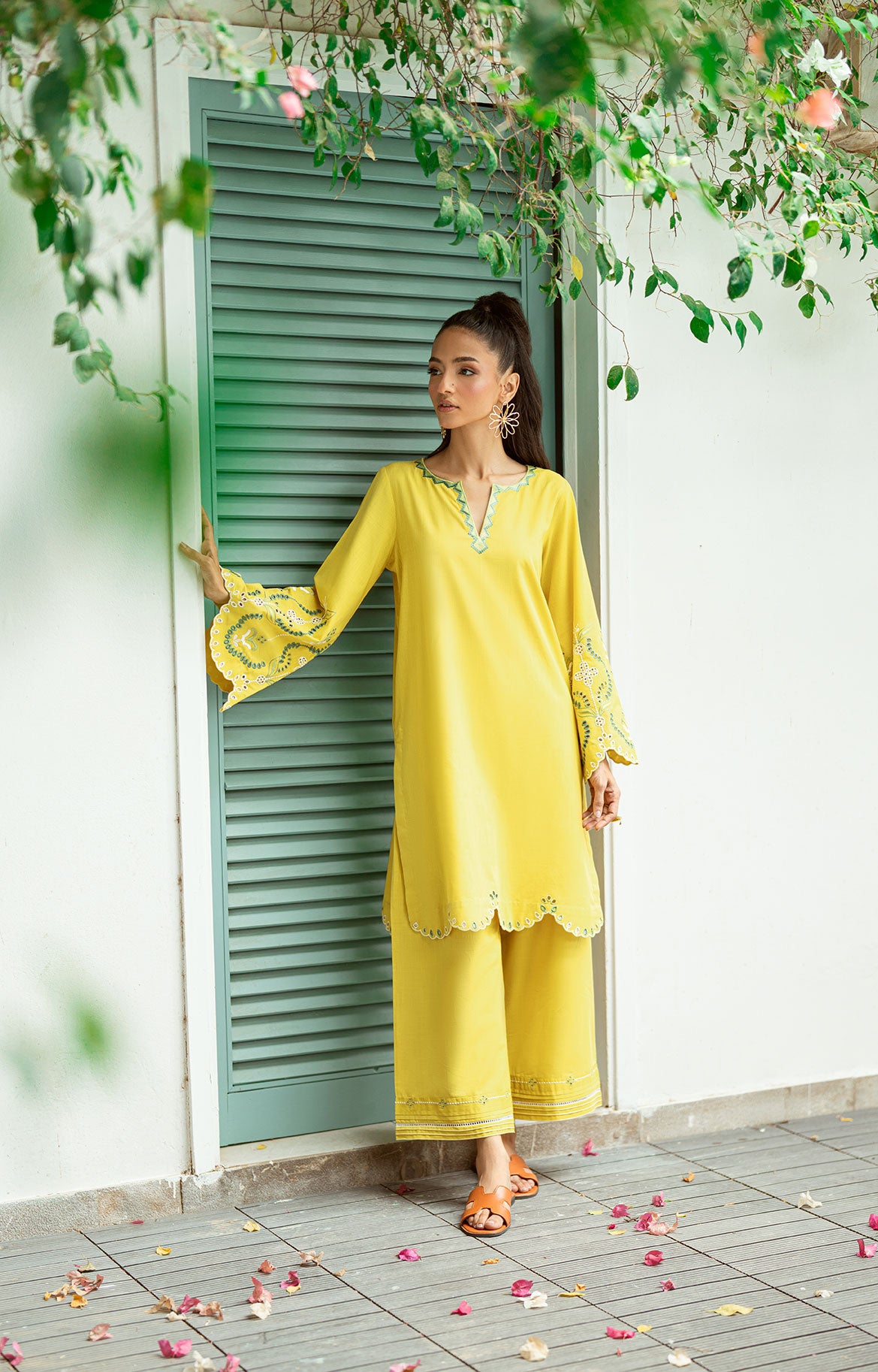 SS25DC-2571 MUSTARD 2PCS  EMBROIDERED KURTA WITH TROUSER